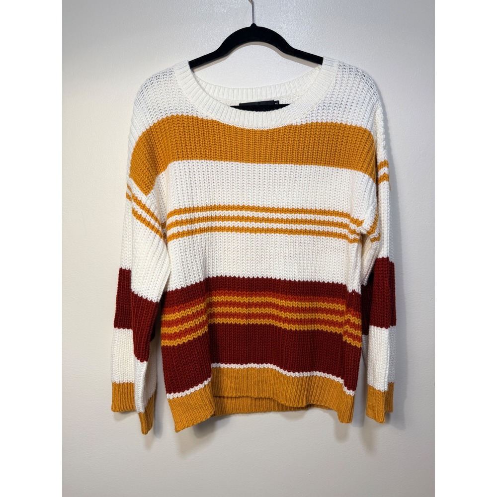 Zesica Sweater Womens Medium White Yellow Red Striped Crew Neck Chunky Knit Top